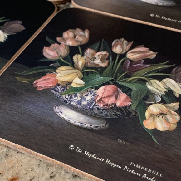 (4) Pimpernel Coasters Antique Tulips 4” Square Stephanie Hoffen - Picture 2 of 4